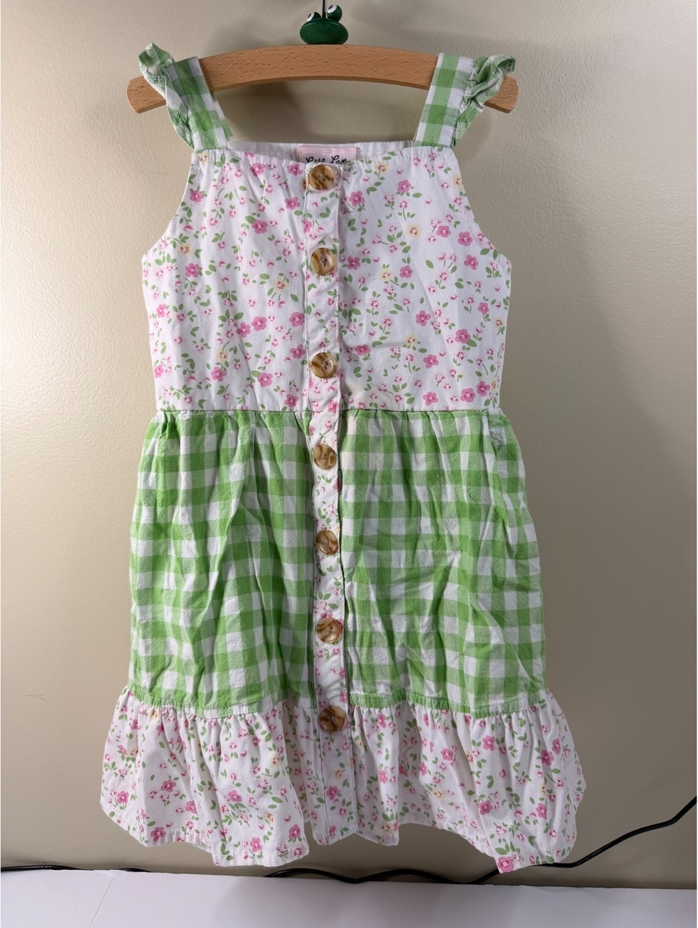 Little Lass Girls Size 4T Green Gingham Pink Floral Button Front Sundress